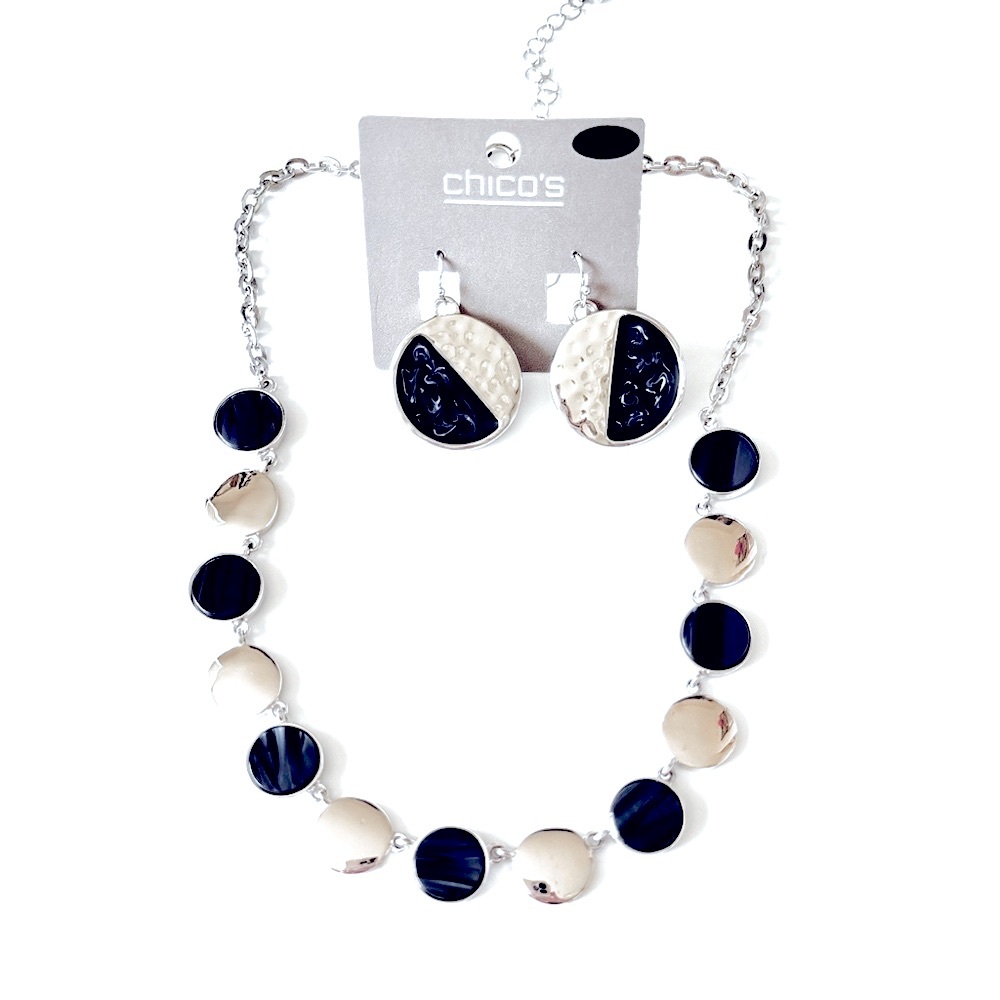 CHICO’s | NWT | Silver & Marbleized Navy Enamel Dot Necklace & Earring Set ✨ - Picture 2 of 9